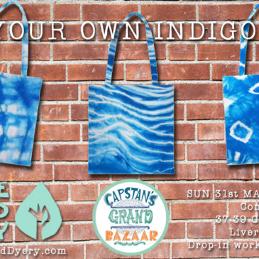 indigo dye, blue tote bags, dye your own, natural fabric dyeing workshop, Justine Aldersey-Williams, Capstan's Bazaar, Laura-Kate Draws, Constellations, Liverpool, The Wild Dyery