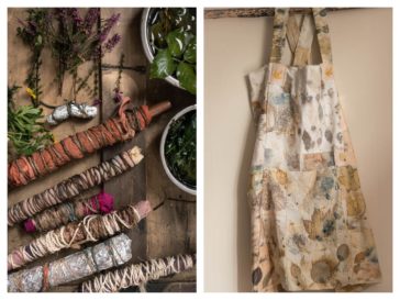 Eco print bundles and apron made of ecoprinted fabric samples