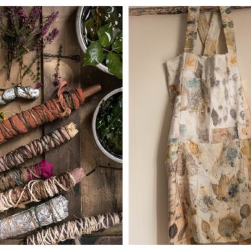 Eco print bundles and apron made of ecoprinted fabric samples